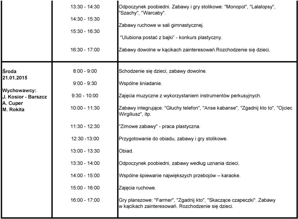 2015 9:30-10:00 10:00-11:30 11:30-12:30 12:30-13:00 Zajęcia muzyczne z wykorzystaniem instrumentów perkusyjnych.