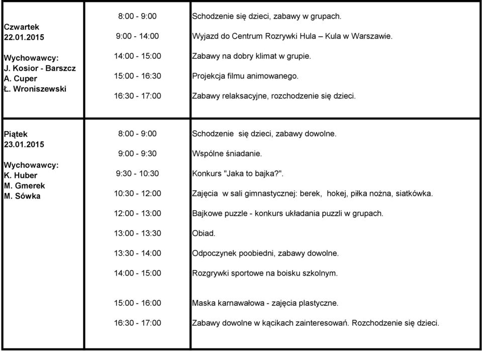 Huber 9:30-10:30 10:30-12:00 Konkurs "Jaka to bajka?". Zajęcia w sali gimnastycznej: berek, hokej, piłka nożna, siatkówka.