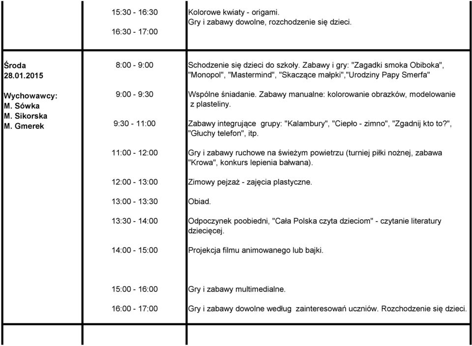 Zabawy i gry: "Zagadki smoka Obiboka", "Monopol", "Mastermind", "Skaczące małpki","urodziny Papy Smerfa" Zabawy manualne: kolorowanie obrazków, modelowanie z plasteliny.