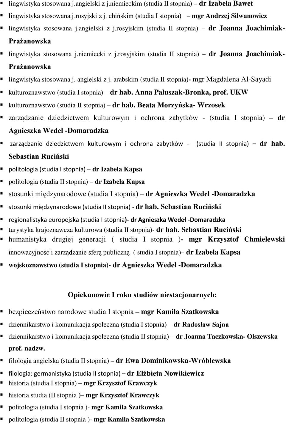 rosyjskim (studia II stopnia) dr Joanna Joachimiak- Prażanowska lingwistyka stosowana j. angielski z j. arabskim (studia II stopnia)- mgr Magdalena Al-Sayadi kulturoznawstwo (studia I stopnia) dr hab.