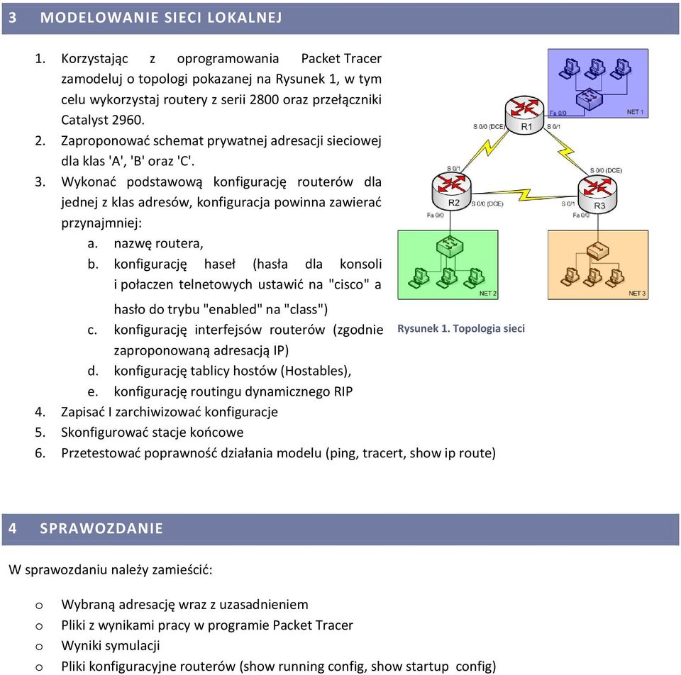Wyknad pdstawwą knfigurację ruterów dla jednej z klas adresów, knfiguracja pwinna zawierad przynajmniej: a. nazwę rutera, b.