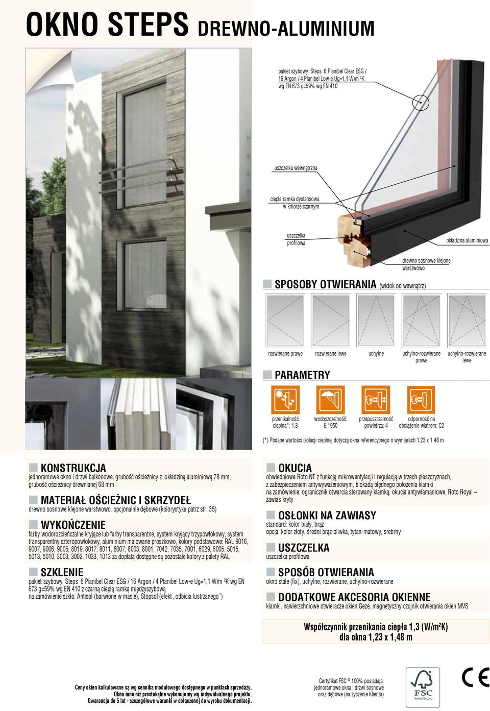E 1950 obciążenie wiatrem: C2 (*) Podane wartości izolacji cieplnej dotyczą okna referencyjnego o wymiarach 1,23 x 1,48 m jednoramowe okno i drzwi balkonowe, grubość ościeżnicy z okładziną aluminiową