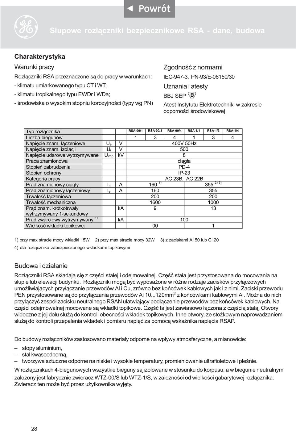 œrodowiskowej Typ roz³¹cznika RSA-00/1 RSA-00/3 RSA-00/4 RSA-1/1 RSA-1/3 RSA-1/4 Liczba biegunów 1 3 4 1 3 4 Napiêcie znam. ³¹czeniowe U e V 400V 50Hz Napiêcie znam.