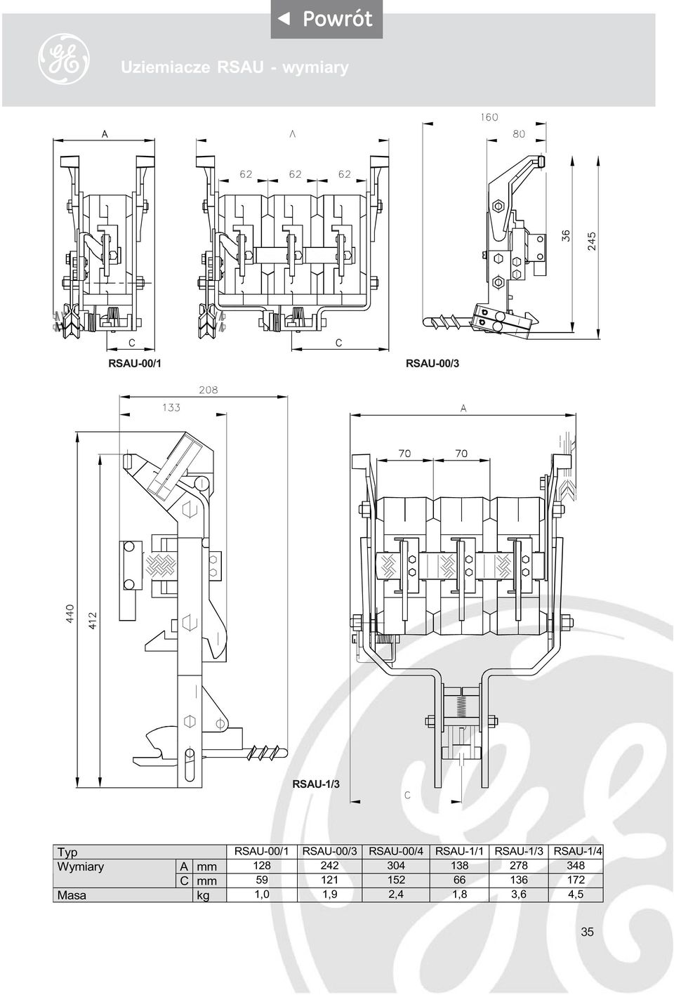 RSAU-1/3 RSAU-1/4 Wymiary A mm 128 242 304 138 278