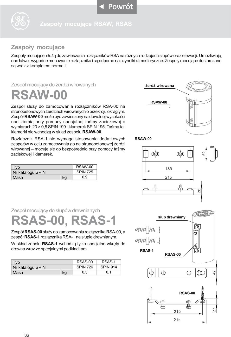 Zespó³ mocuj¹cy do erdzi wirowanych RSAW-00 Zespó³ s³u y do zamocowania roz³¹czników RSA-00 na strunobetonowych erdziach wirowanych o przekroju okr¹g³ym.
