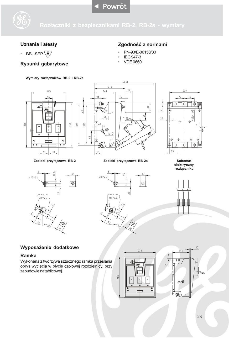 Zaciski przy³¹czowe RB-2s Schemat elektryczny roz³¹cznika Wyposa enie dodatkowe Ramka Wykonana z tworzywa
