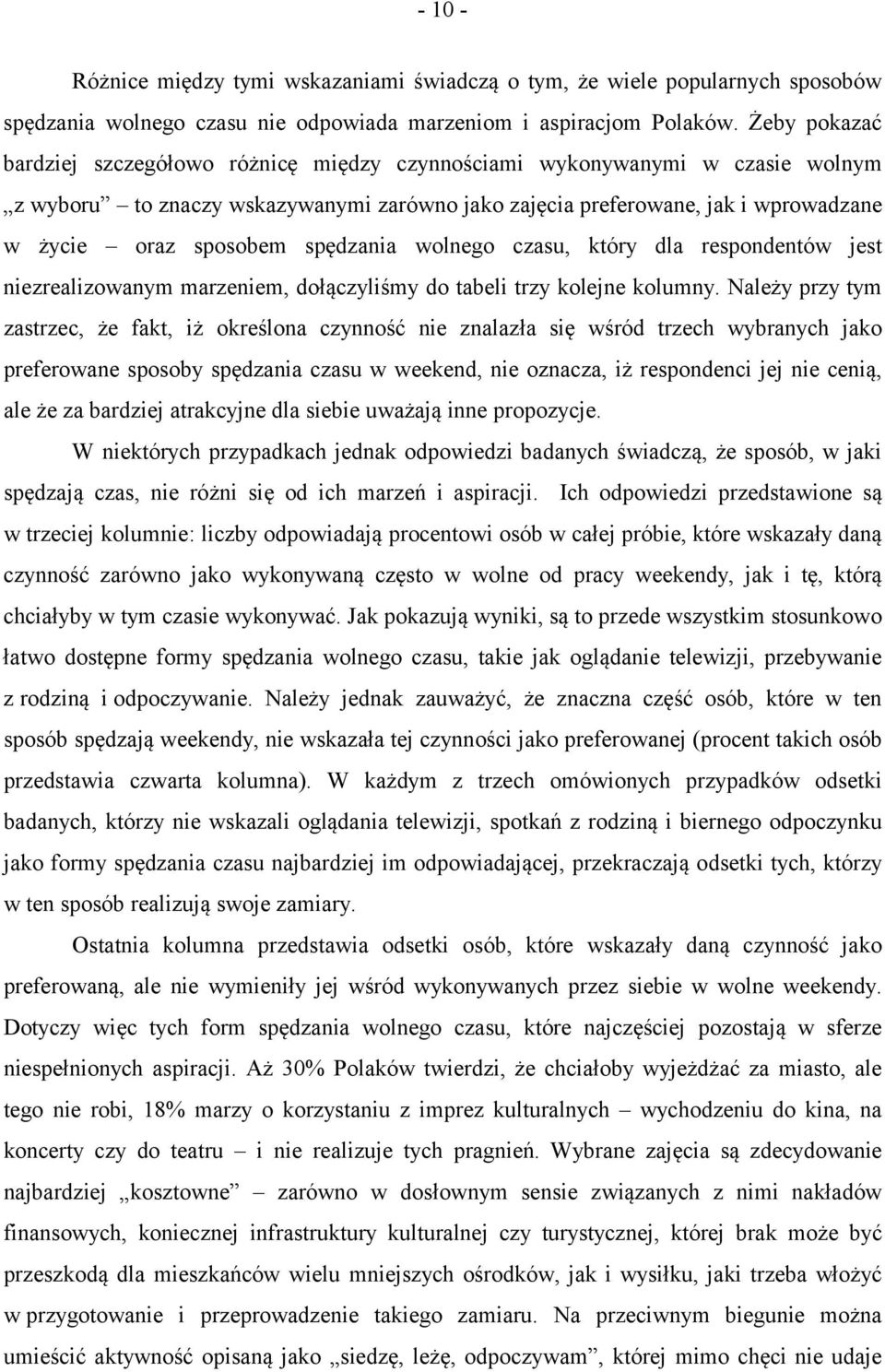 spędzania wolnego czasu, który dla respondentów jest niezrealizowanym marzeniem, dołączyliśmy do tabeli trzy kolejne kolumny.