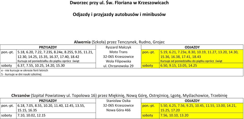 36, 16.38, 17.41, 18.43 Kursuje od poniedziałku do piątku oprócz świąt soboty 6.37, 7.55, 10.25, 14.20, 15.30 ul. Chrzanowska 29 soboty 6.50, 9.15, 13.05, 14.