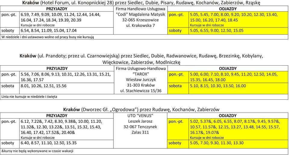 05, 6.55, 9.00, 12.50, 15.05 W dni ustawowo wolne od pracy busy nie kursują Kraków (ul. Prandoty; przez ul.