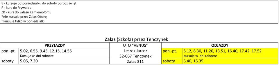 przez Tenczynek UTO VENUS pon.-pt. 5.02, 6.55, 9.45, 12.15, 14.