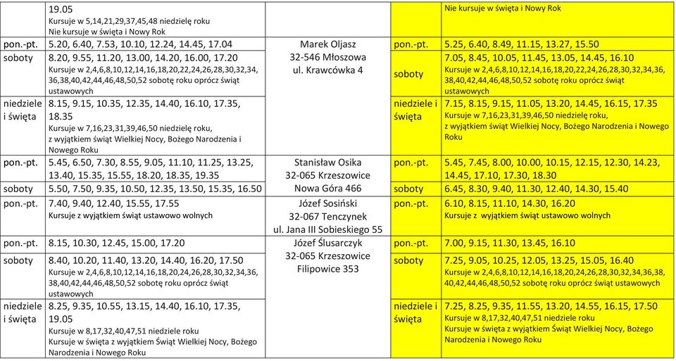 35, i 18.35 Kursuje w 7,16,23,31,39,46,50 niedzielę roku, z wyjątkiem świąt Wielkiej Nocy, Bożego Narodzenia i Nowego Roku pon.-pt. 5.45, 6.50, 7.30, 8.55, 9.05, 11.10, 11.25, 13.