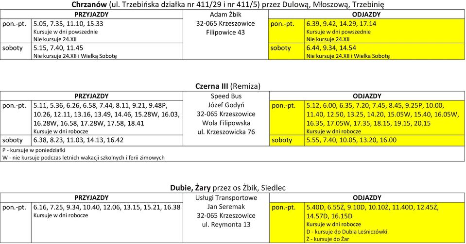 XII i Wielka Sobotę Czerna III (Remiza) Speed Bus pon.-pt. 5.11, 5.36, 6.26, 6.58, 7.44, 8.11, 9.21, 9.48P, 10.26, 12.11, 13.16, 13.49, 14.46, 15.28W, 16.03, 16.28W, 16.58, 17.28W, 17.58, 18.