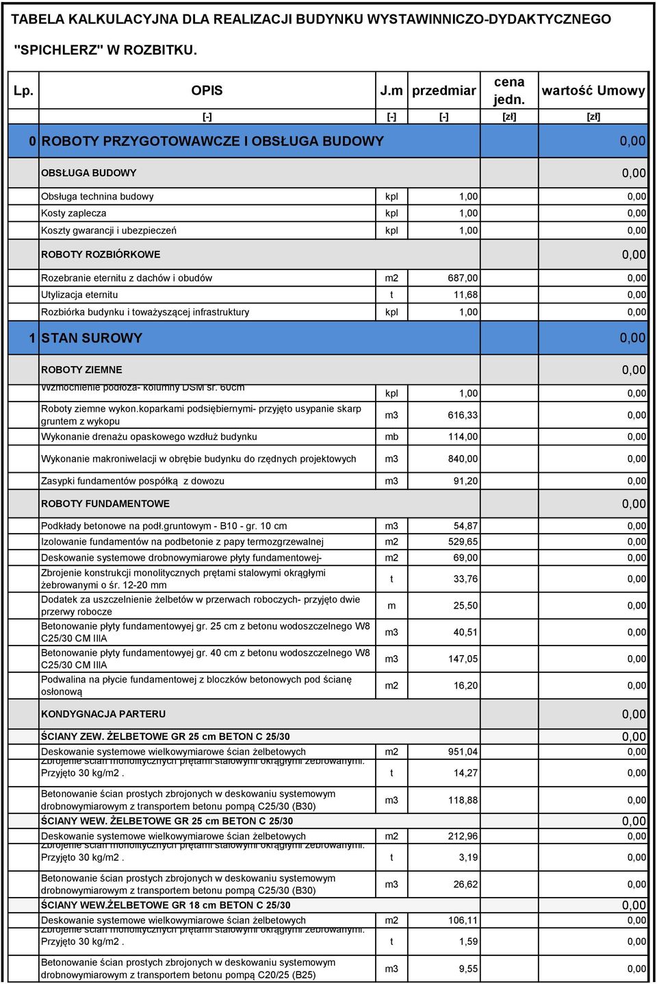 kpl 1,00 0,00 ROBOTY ROZBIÓRKOWE 0,00 Rozebranie eternitu z dachów i obudów m2 687,00 0,00 Utylizacja eternitu t 11,68 0,00 Rozbiórka budynku i toważyszącej infrastruktury kpl 1,00 0,00 1 STAN SUROWY