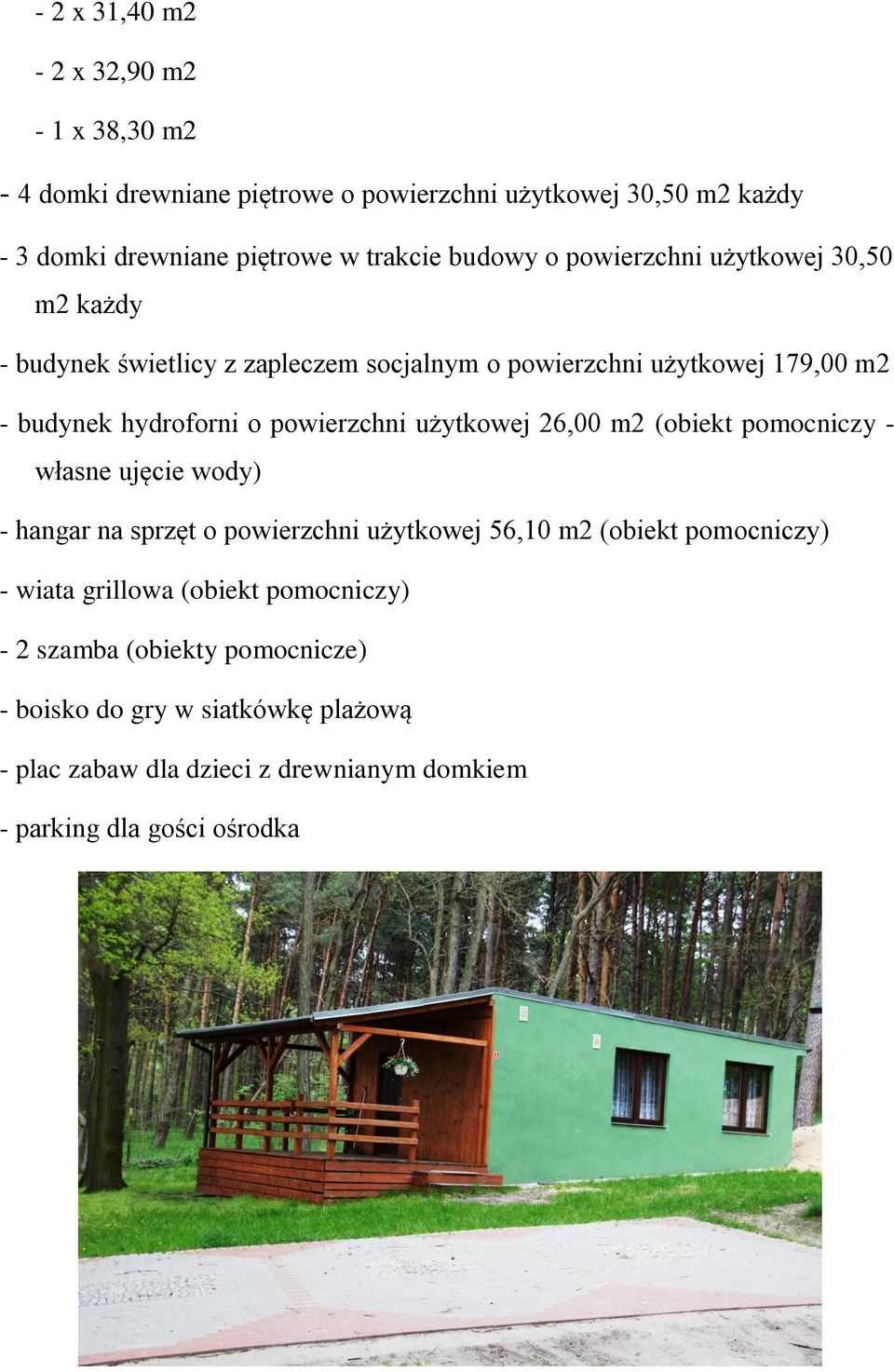 użytkowej 26,00 m2 (obiekt pomocniczy - własne ujęcie wody) - hangar na sprzęt o powierzchni użytkowej 56,10 m2 (obiekt pomocniczy) - wiata grillowa