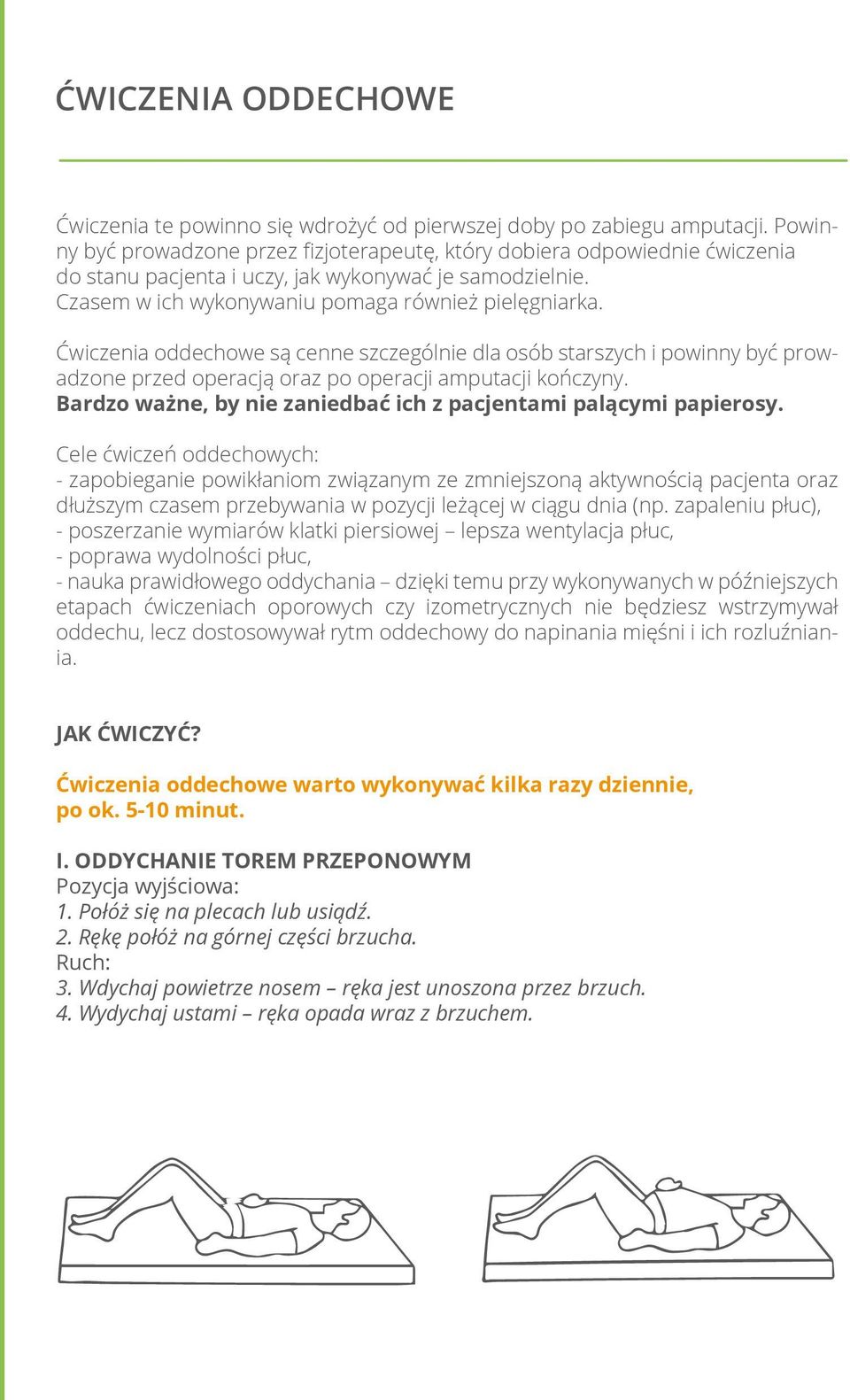 Ćwiczenia oddechowe są cenne szczególnie dla osób starszych i powinny być prowadzone przed operacją oraz po operacji amputacji kończyny.