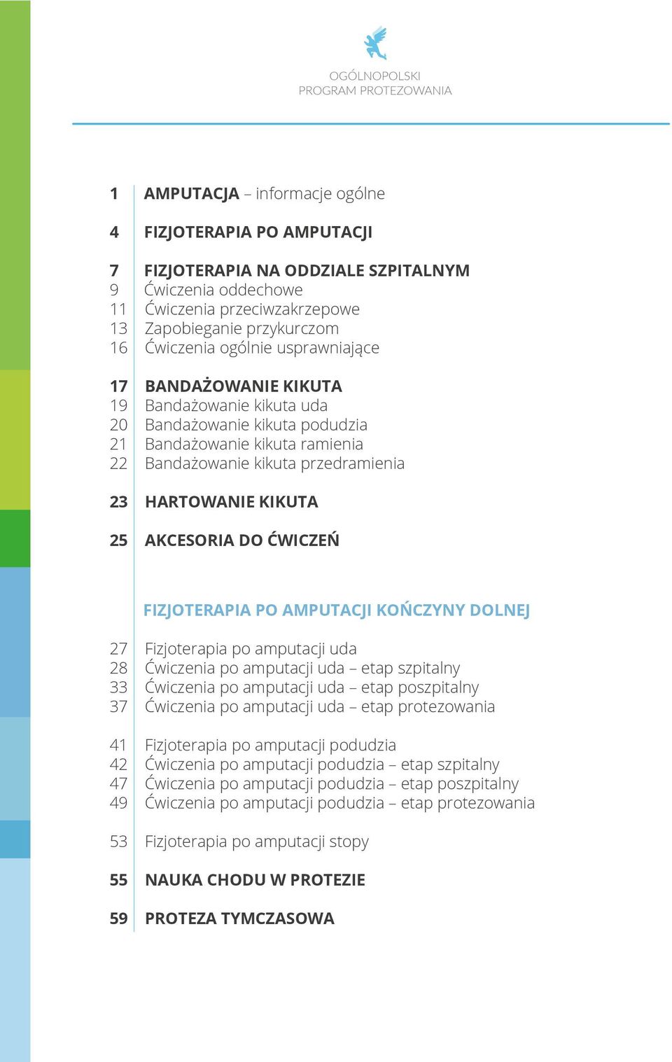 23 HARTOWANIE KIKUTA 25 AKCESORIA DO ĆWICZEŃ FIZJOTERAPIA PO AMPUTACJI KOŃCZYNY DOLNEJ 27 Fizjoterapia po amputacji uda 28 Ćwiczenia po amputacji uda etap szpitalny 33 Ćwiczenia po amputacji uda etap