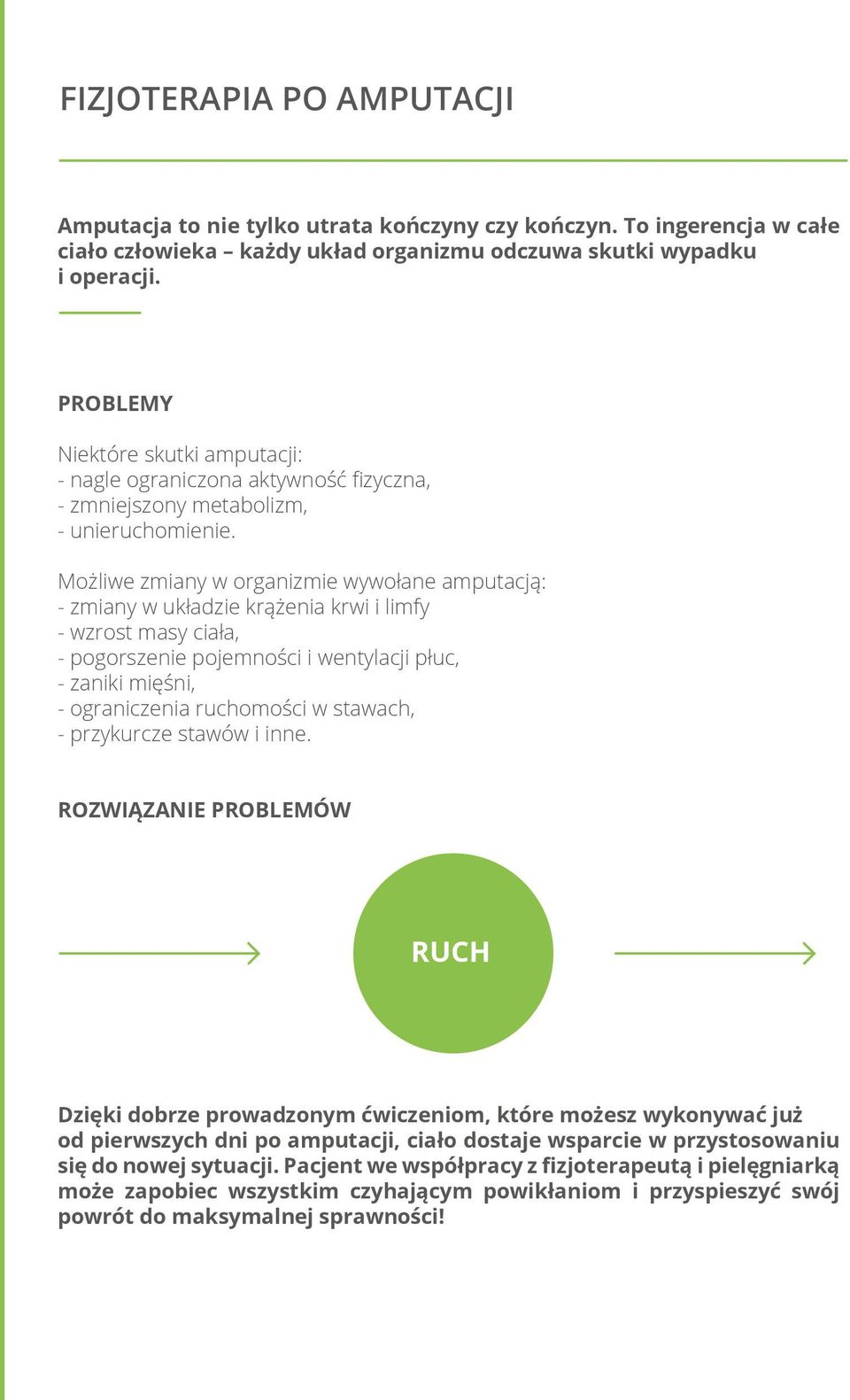 Możliwe zmiany w organizmie wywołane amputacją: - zmiany w układzie krążenia krwi i limfy - wzrost masy ciała, - pogorszenie pojemności i wentylacji płuc, - zaniki mięśni, - ograniczenia ruchomości w