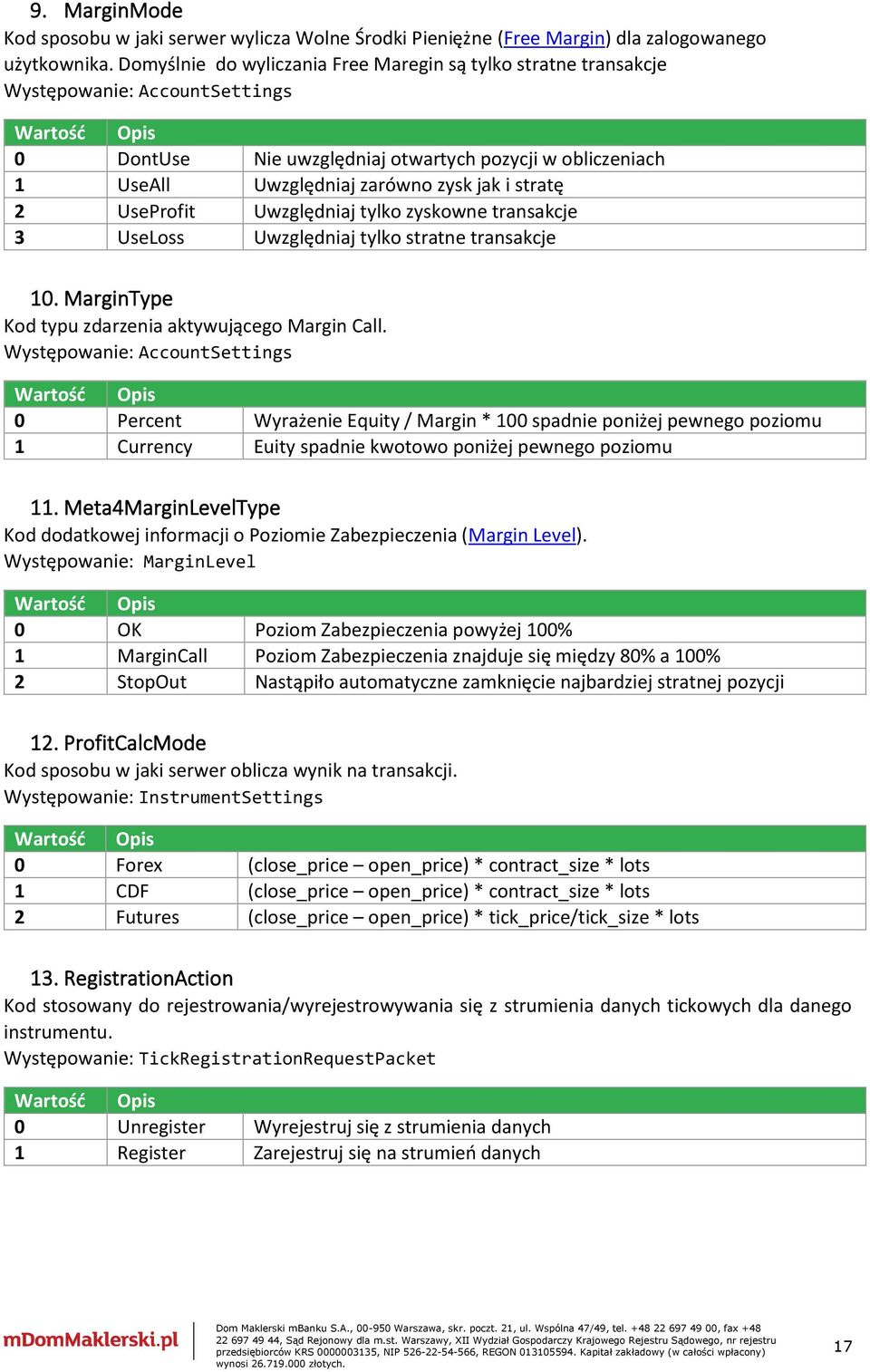 stratę 2 UseProfit Uwzględniaj tylko zyskowne transakcje 3 UseLoss Uwzględniaj tylko stratne transakcje 10. MarginType Kod typu zdarzenia aktywującego Margin Call.
