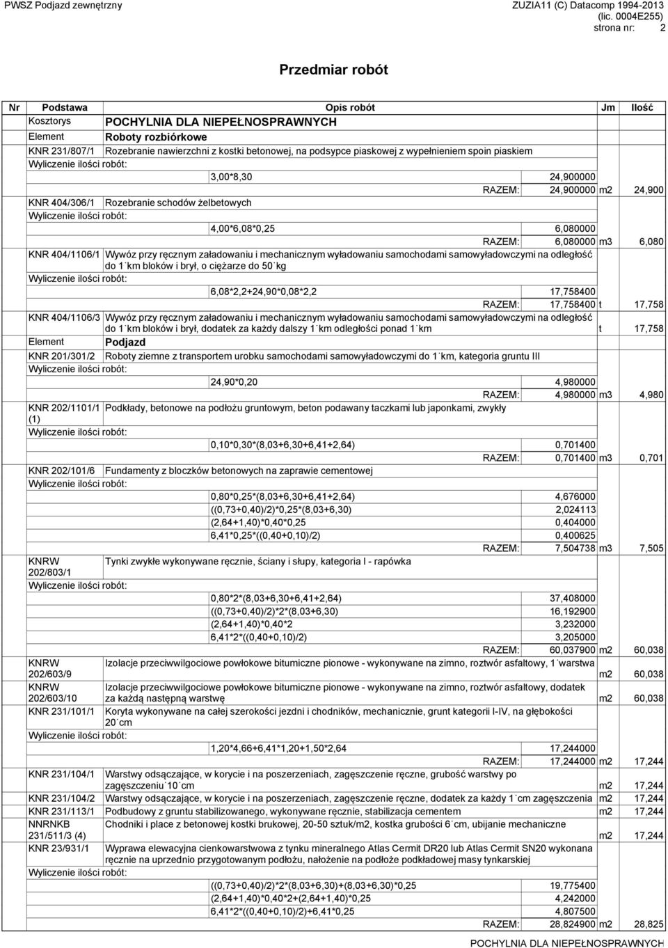 mechanicznym wyładowaniu samochodami samowyładowczymi na odległość do 1 km bloków i brył, o ciężarze do 50 kg 6,08*2,2+24,90*0,08*2,2 17,758400 RAZEM: 17,758400 t 17,758 KNR 404/1106/3 Wywóz przy