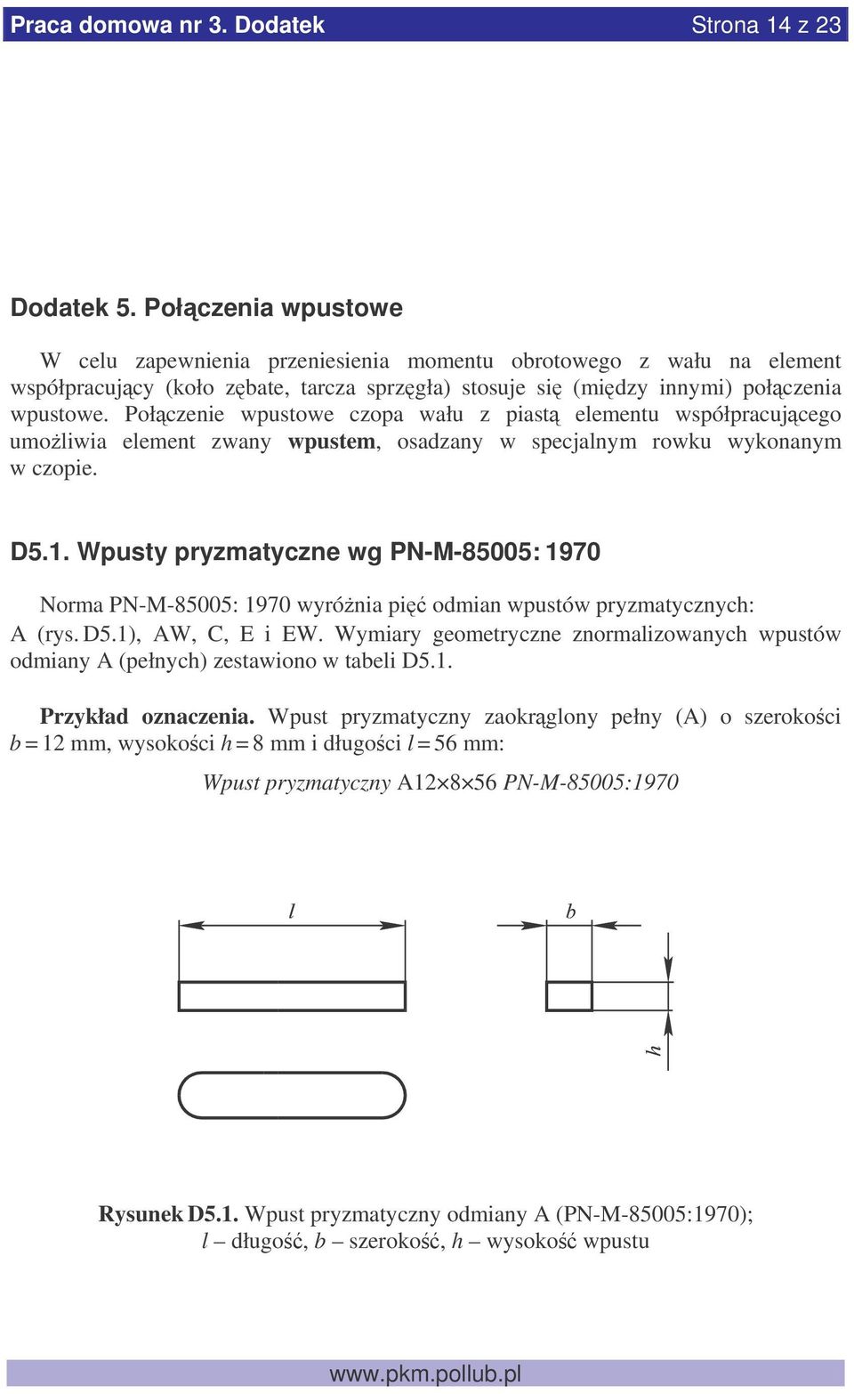 Połczenie wpustowe czopa wału z piast elementu współpracujcego umoliwia element zwany wpustem, osadzany w specjalnym rowku wykonanym w czopie. D5.1.