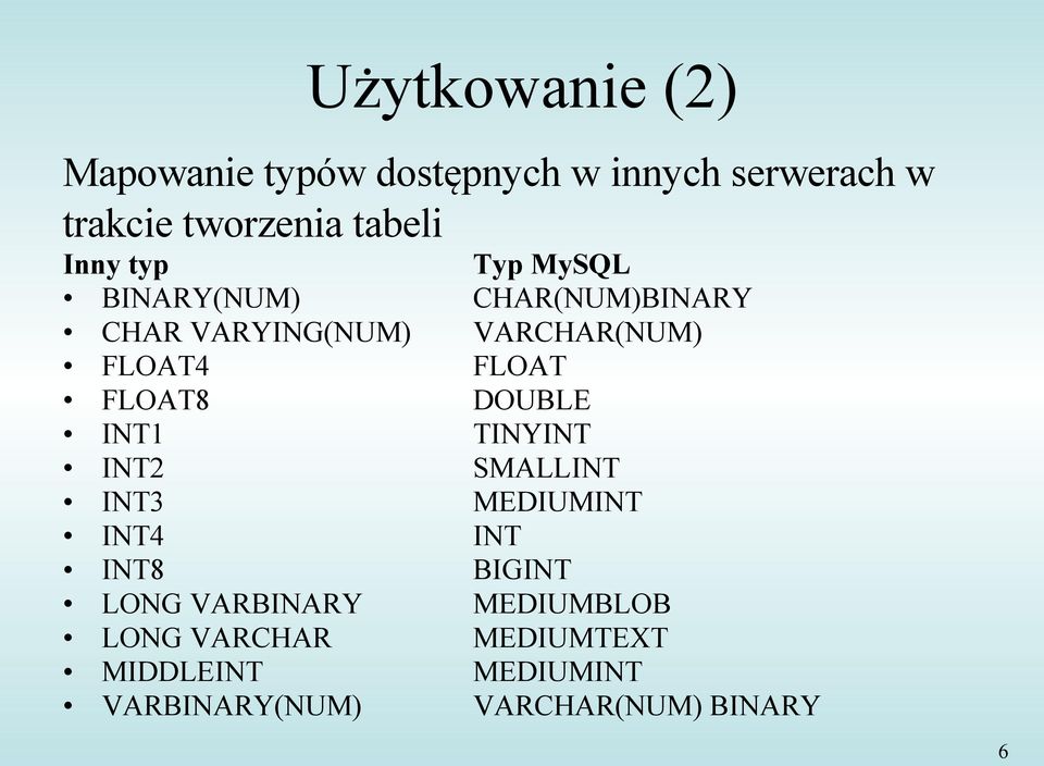 FLOAT8 DOUBLE INT1 TINYINT INT2 SMALLINT INT3 MEDIUMINT INT4 INT INT8 BIGINT LONG