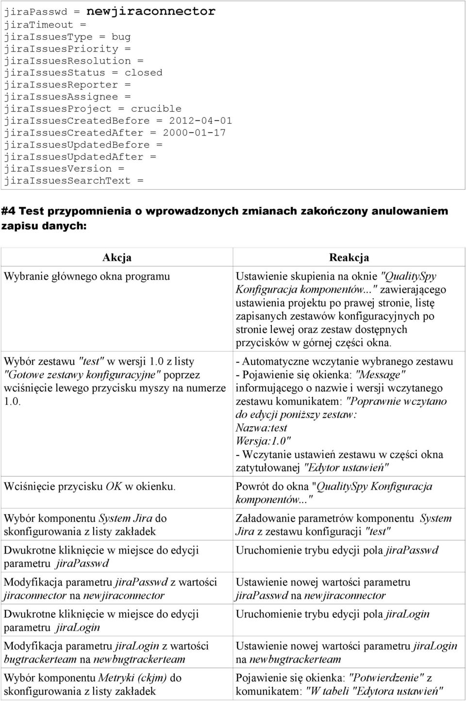 wprowadzonych zmianach zakończony anulowaniem zapisu danych: Akcja Wybranie głównego okna programu Wybór zestawu "test" w wersji 1.