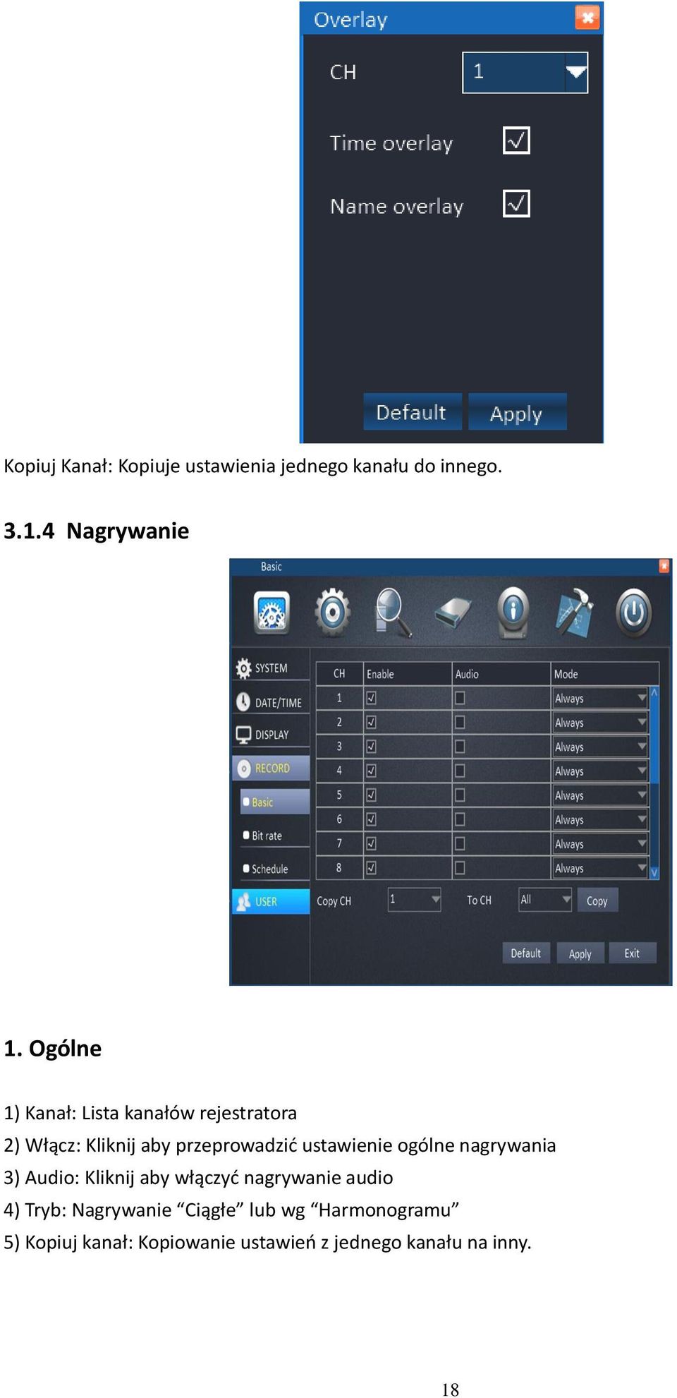 ustawienie ogólne nagrywania 3) Audio: Kliknij aby włączyć nagrywanie audio 4) Tryb: