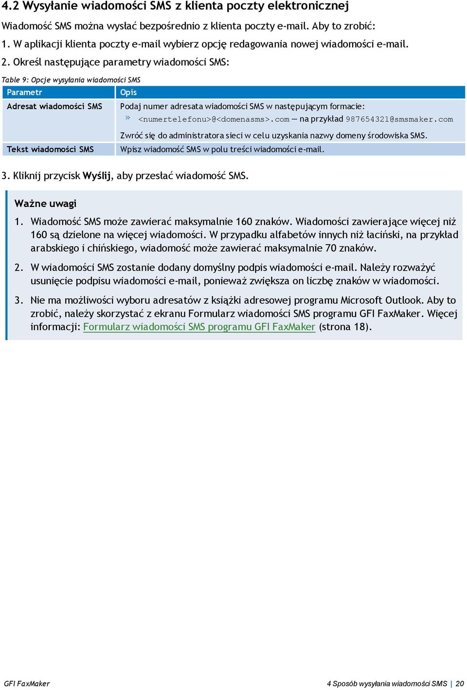 Określ następujące parametry wiadomości SMS: Table 9: Opcje wysyłania wiadomości SMS Parametr Adresat wiadomości SMS Podaj numer adresata wiadomości SMS w następującym formacie: