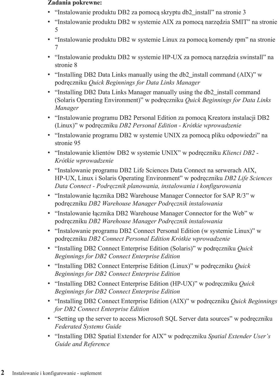 podręczniku Quick Beginnings for Data Links Manager v Installing DB2 Data Links Manager manually using the db2_install command (Solaris Operating Environment) w podręczniku Quick Beginnings for Data