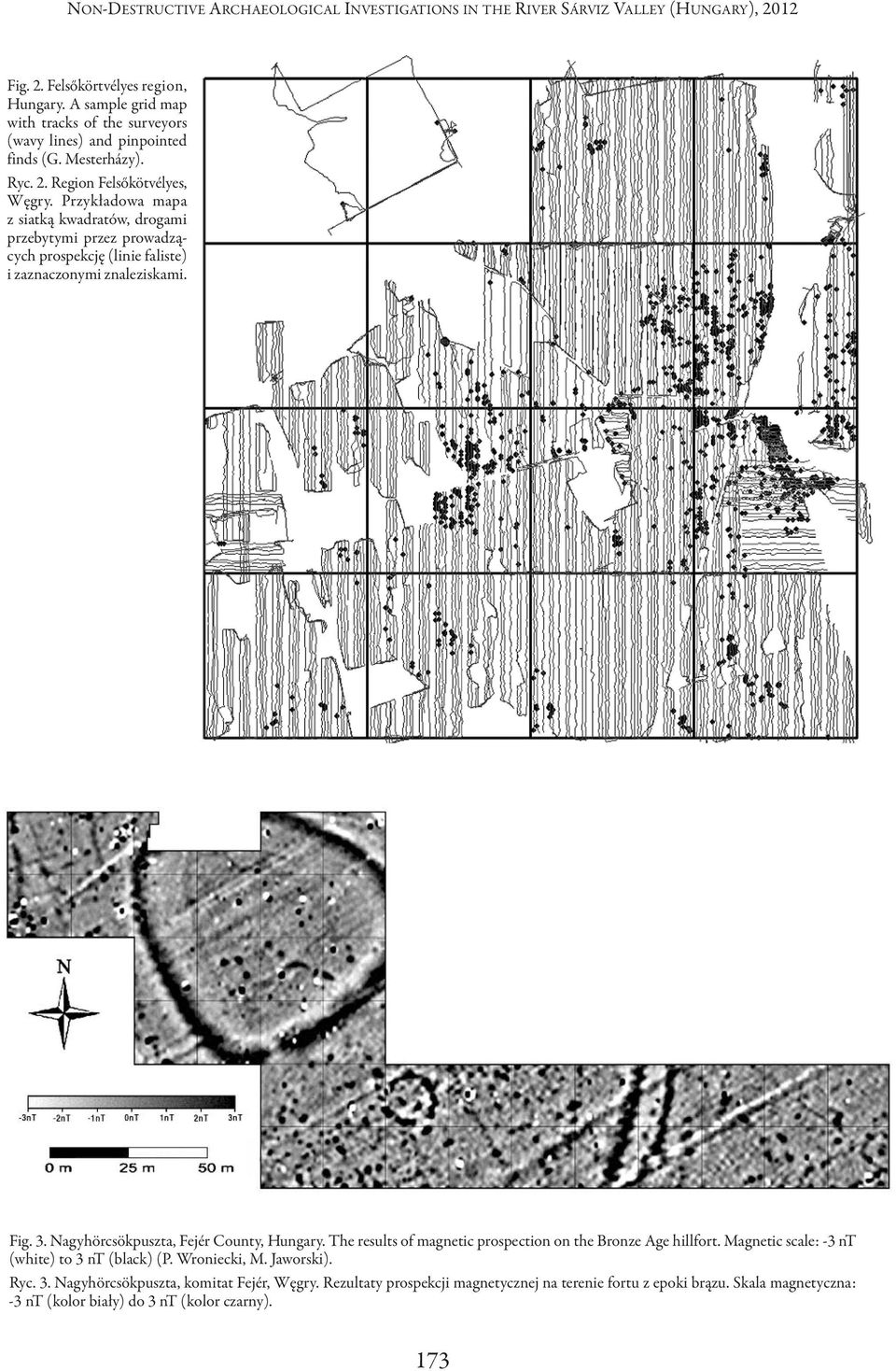 Przykładowa mapa z siatką kwadratów, drogami przebytymi przez prowadzących prospekcję (linie faliste) i zaznaczonymi znaleziskami. Fig. 3. Nagyhörcsökpuszta, Fejér County, hungary.