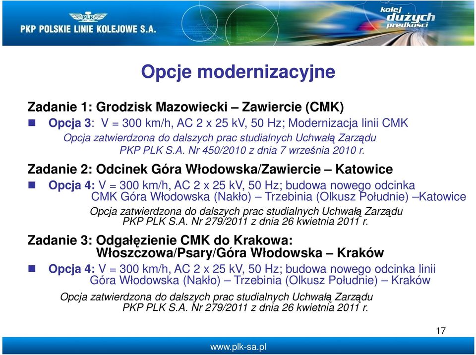 Zadanie 2: Odcinek Góra Włodowska/Zawiercie Katowice Opcja 4: V = 300 km/h, AC 2 x 25 kv, 50 Hz; budowa nowego odcinka CMK Góra Włodowska (Nakło) Trzebinia (Olkusz Południe) Katowice Opcja