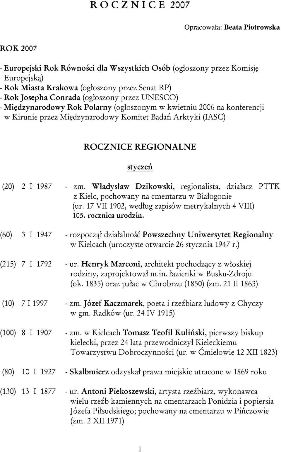 styczeń (20) 2 I 1987 - zm. Władysław Dzikowski, regionalista, działacz PTTK z Kielc, pochowany na cmentarzu w Białogonie (ur. 17 VII 1902, według zapisów metrykalnych 4 VIII) 105. rocznica urodzin.