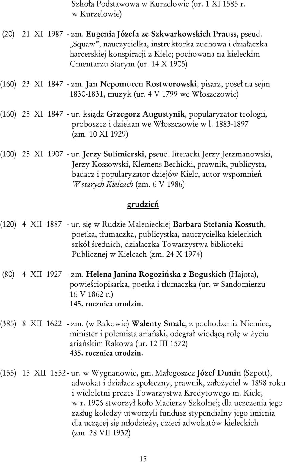 Jan Nepomucen Rostworowski, pisarz, poseł na sejm 1830-1831, muzyk (ur. 4 V 1799 we Włoszczowie) (160) 25 XI 1847 - ur.