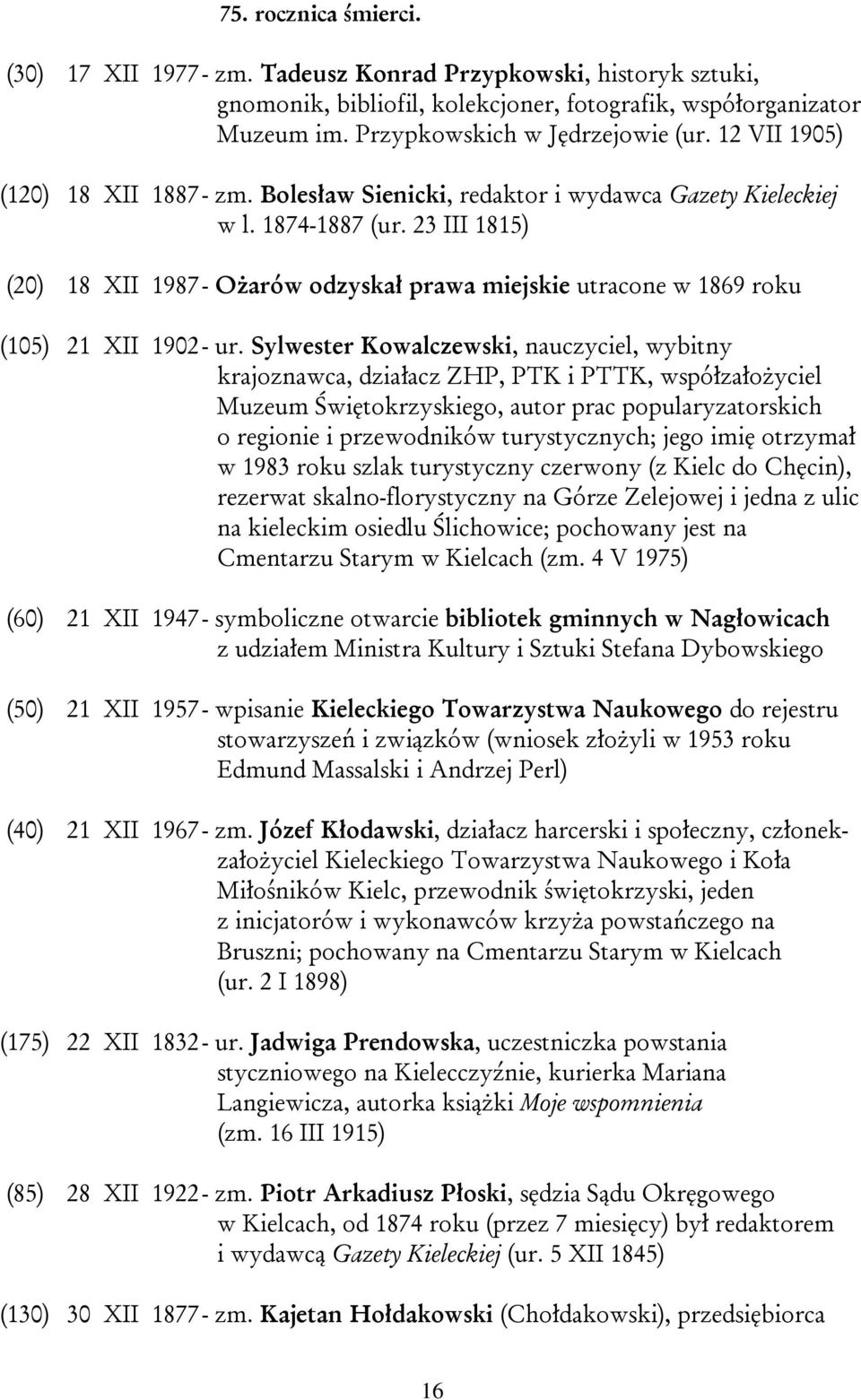 23 III 1815) (20) 18 XII 1987 - Ożarów odzyskał prawa miejskie utracone w 1869 roku (105) 21 XII 1902 - ur.