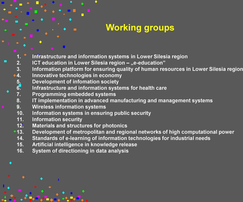 Infrastructure and information systems for health care 7. Programming embedded systems 8. IT implementation in advanced manufacturing and management systems 9. Wireless information systems 10.