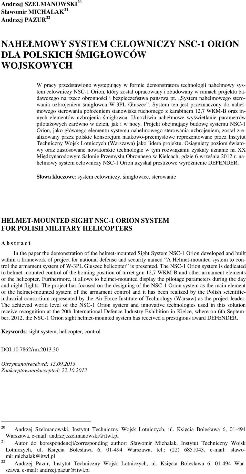 System nahełmowego sterowania uzbrojeniem śmigłowca W-3PL Głuszec.