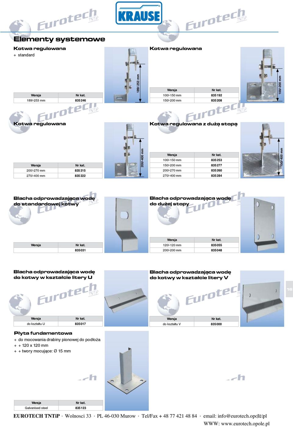 kotwy Blacha odprowadzająca wodę do dużej stopy 835031 120/-120 mm 835055 200/-200 mm 835048 Blacha odprowadzająca wodę do kotwy w kształcie litery U Blacha odprowadzająca wodę do kotwy w