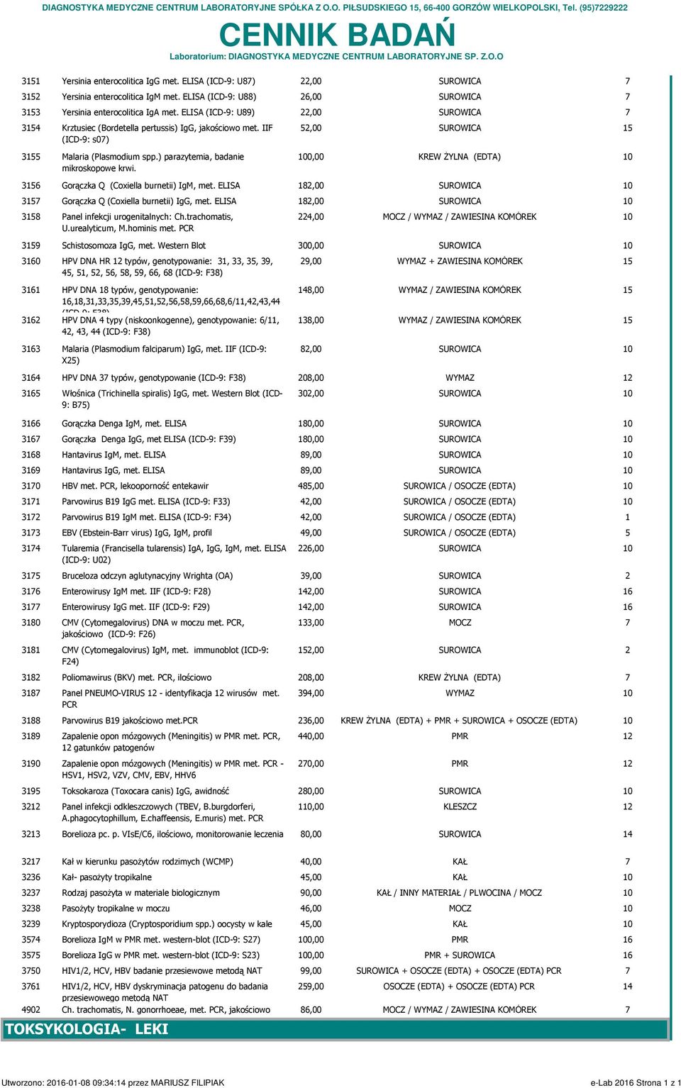 ELISA (ICD-: U8),00 SUROWICA 4 Krztusiec (Bordetella pertussis) IgG, jakościowo met. IIF,00 SUROWICA (ICD-: s0) Malaria (Plasmodium spp.