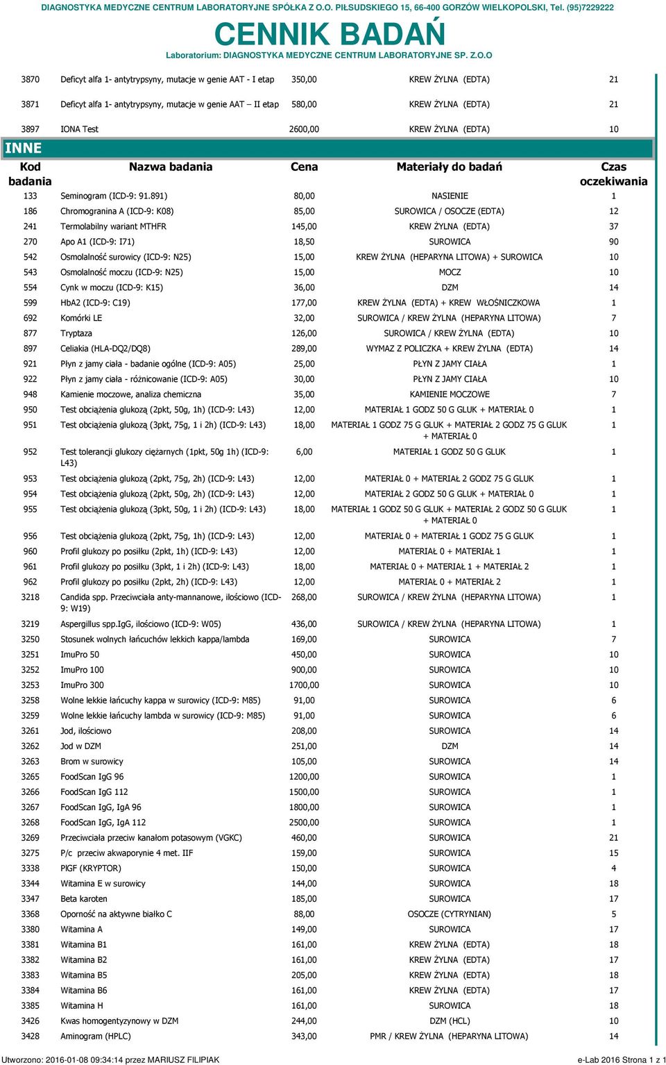 (EDTA) 0 INNE Nazwa Cena Materiały do badań Seminogram (ICD-:.