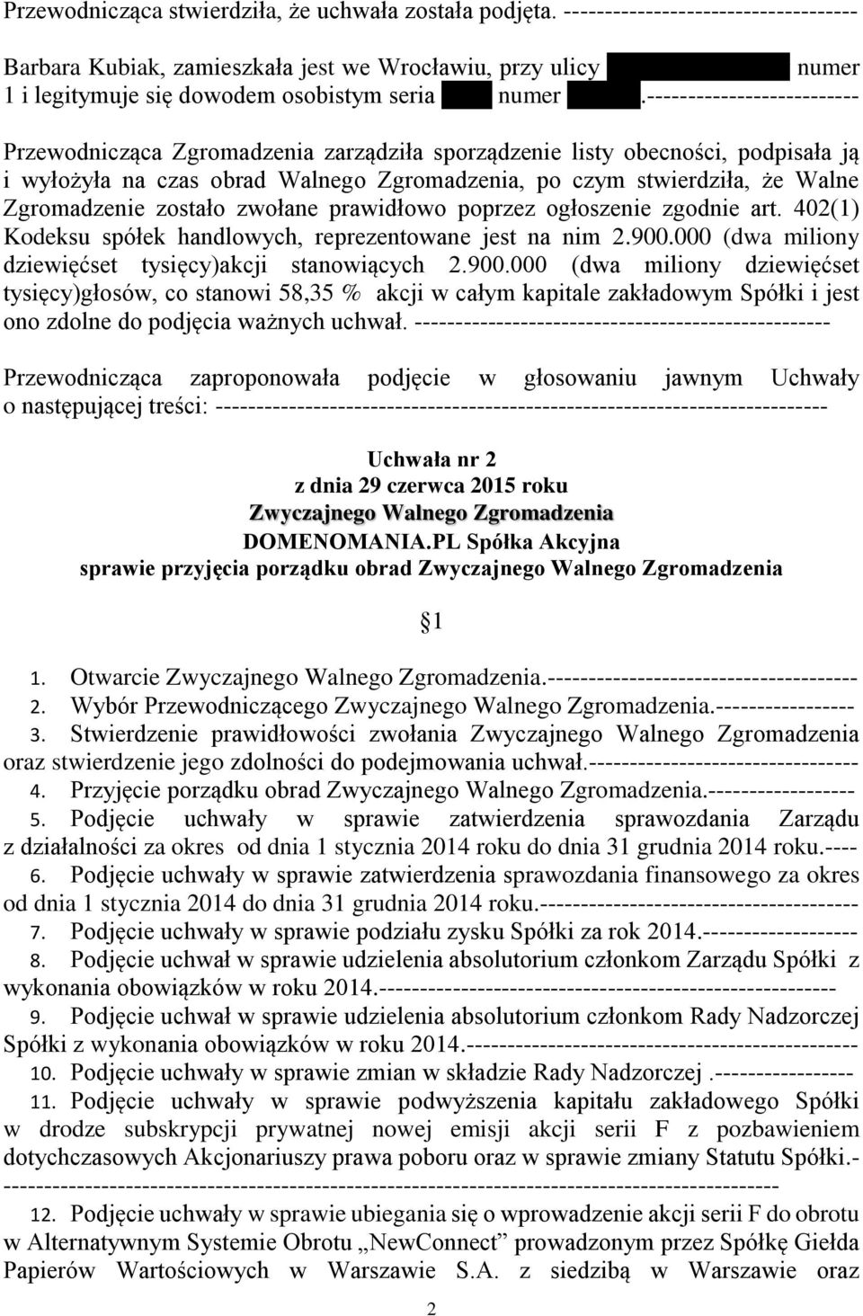 zostało zwołane prawidłowo poprzez ogłoszenie zgodnie art. 402(1) Kodeksu spółek handlowych, reprezentowane jest na nim 2.900.