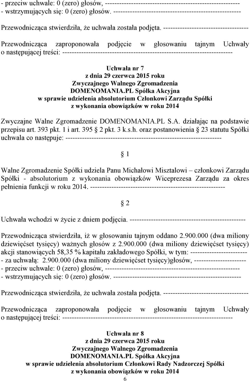 oraz postanowienia 3 statutu Spółki uchwala co następuje: ------------------------------------------------------------------ Walne Zgromadzenie Spółki udziela Panu Michałowi Misztalowi członkowi