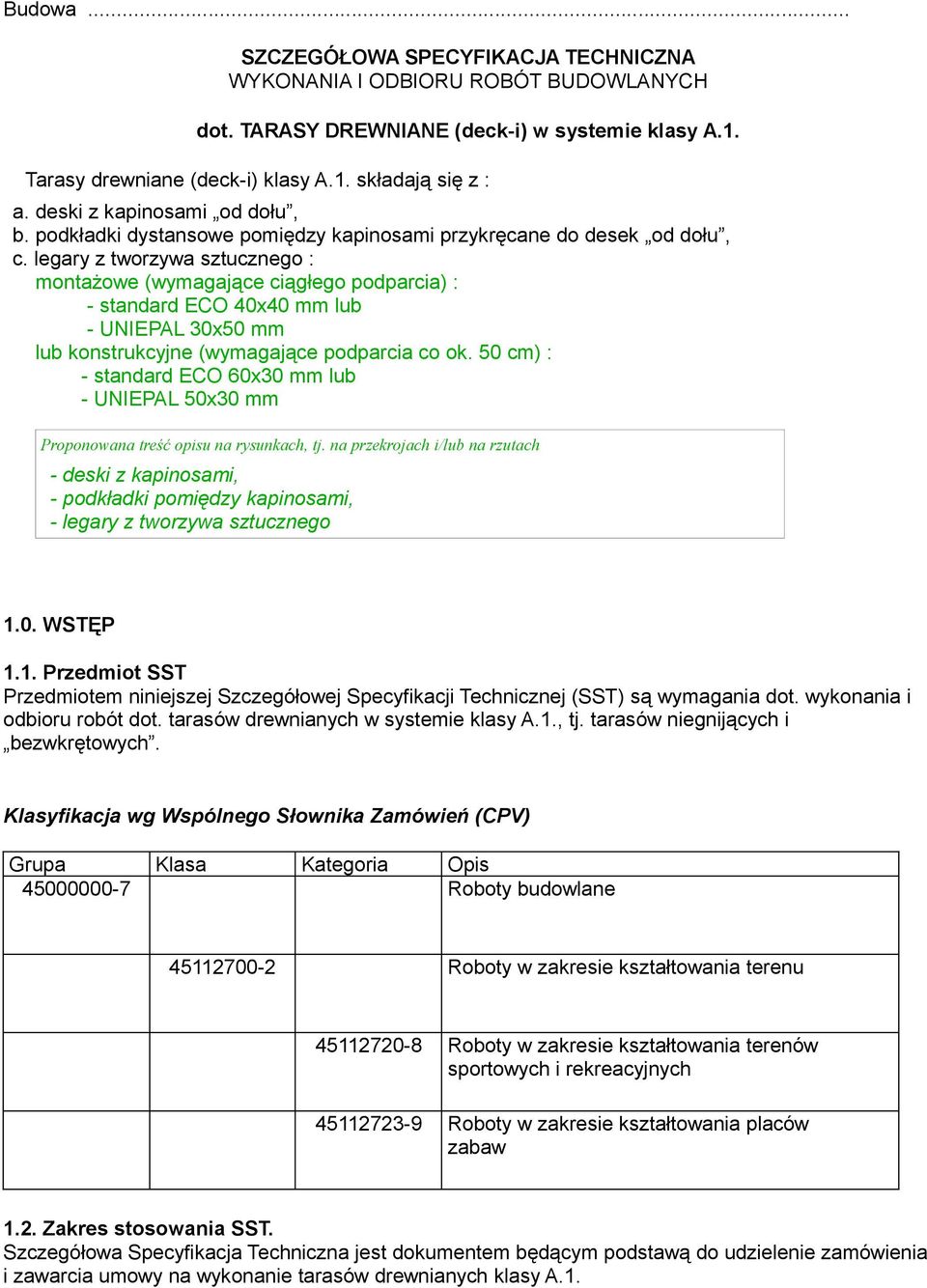 legary z tworzywa sztucznego : montażowe (wymagające ciągłego podparcia) : - standard ECO 40x40 mm lub - UNIEPAL 30x50 mm lub konstrukcyjne (wymagające podparcia co ok.