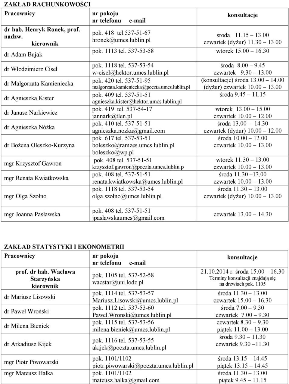 Szołno e-mail pok. 418 tel.537-51-67 hronek@umcs.lublin.pl środa 11.15 13.00 czwartek (dyżur) 11.30 13.00 pok. 1113 tel. 537-53-58 wtorek 15.00 16.30 pok. 1118 tel. 537-53-54 w-cisel@hektor.umcs.lublin.pl pok.