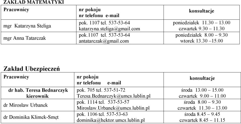 Teresa Bednarczyk dr Mirosław Urbanek dr Dominika Klimek-Smęt pok. 705 tel. 537-51-72 Teresa.Bednarczyk@umcs.lublin.pl pok. 1114 tel.