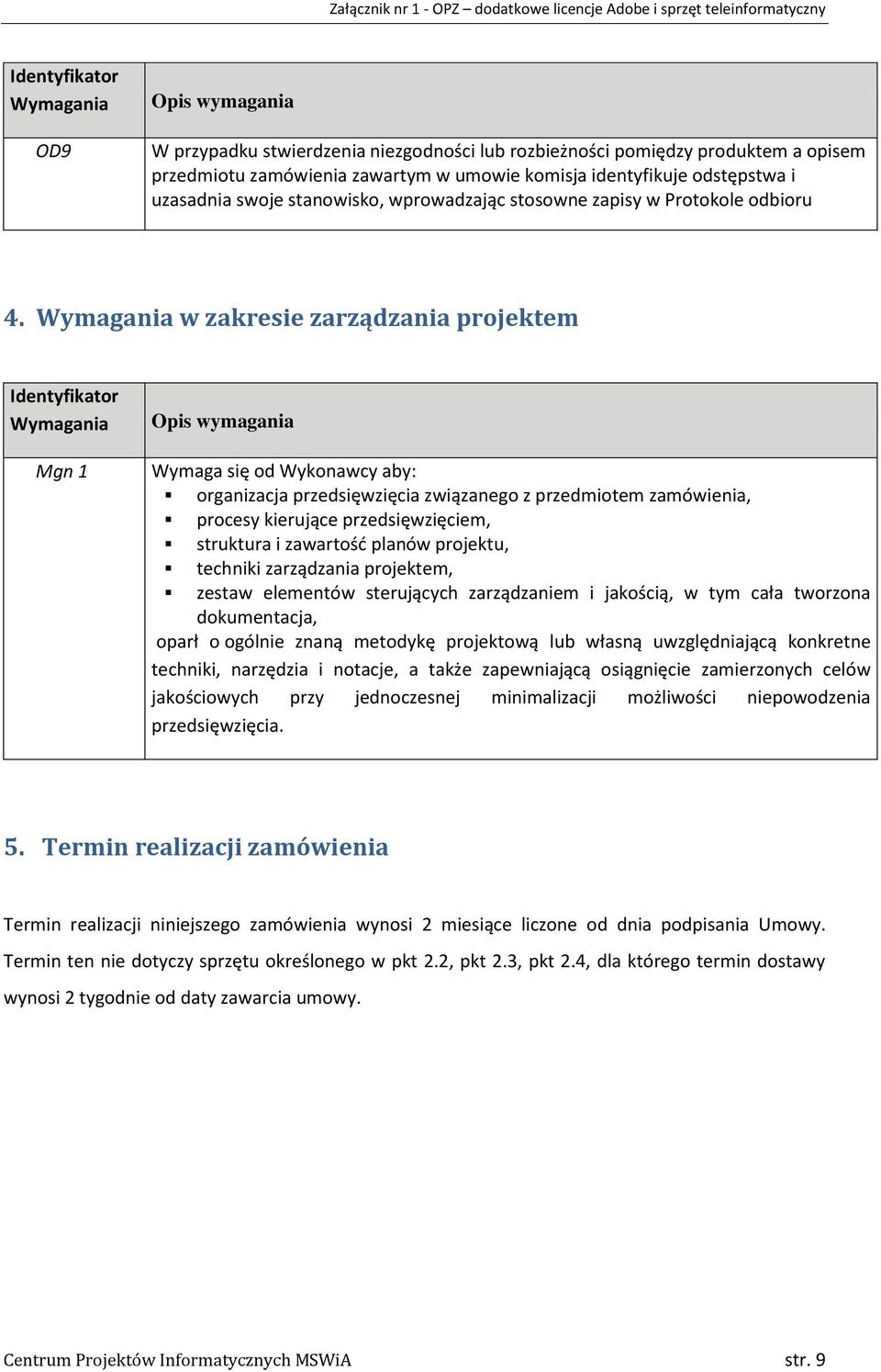 Wymagania w zakresie zarządzania projektem Identyfikator Wymagania Mgn 1 Opis wymagania Wymaga się od Wykonawcy aby: organizacja przedsięwzięcia związanego z przedmiotem zamówienia, procesy kierujące