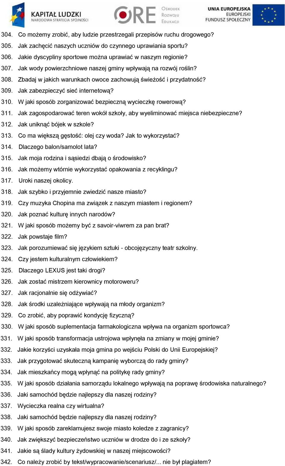 309. Jak zabezpieczyć sieć internetową? 310. W jaki sposób zorganizować bezpieczną wycieczkę rowerową? 311. Jak zagospodarować teren wokół szkoły, aby wyeliminować miejsca niebezpieczne? 312.