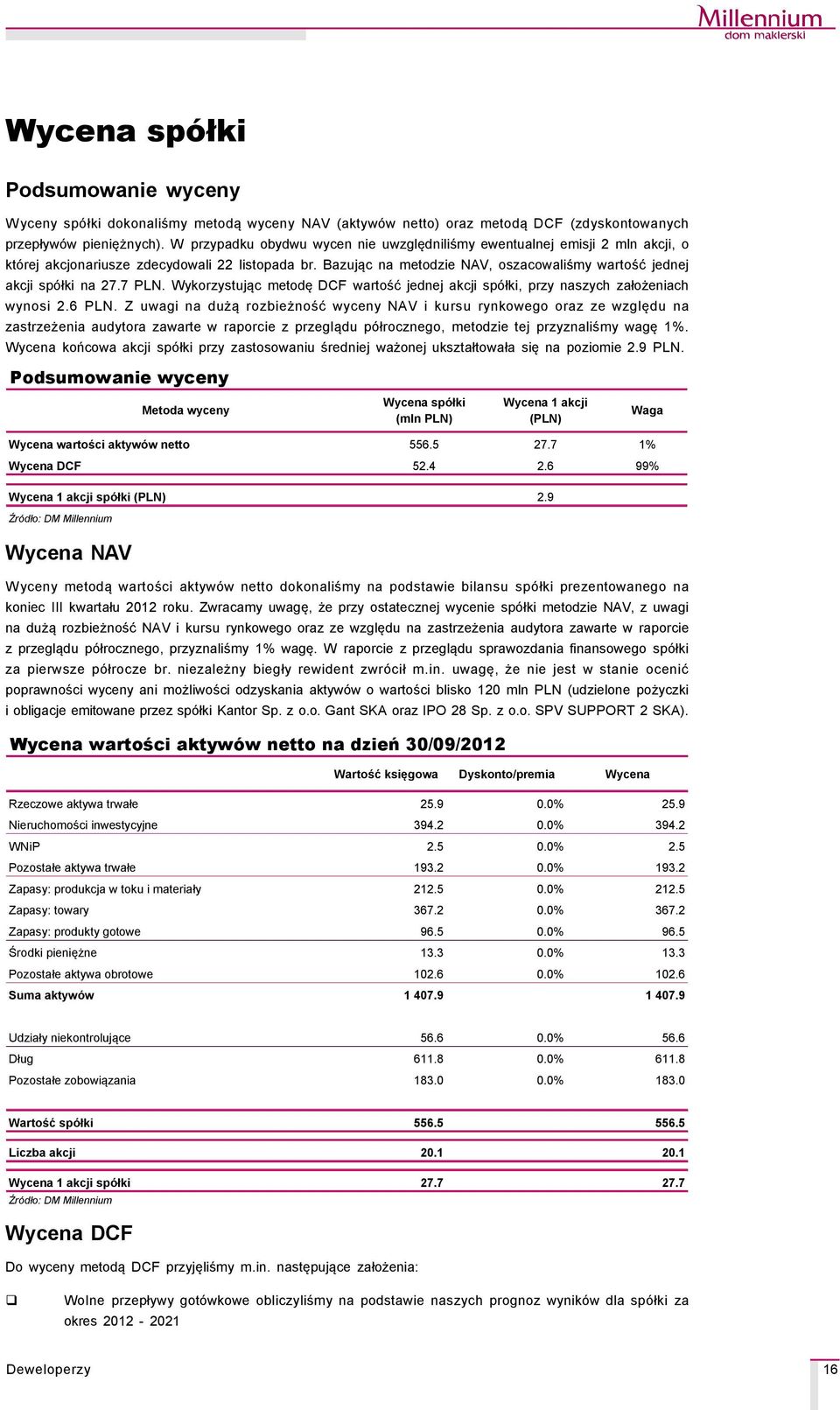 Bazując na metodzie NAV, oszacowaliśmy wartość jednej akcji spçłki na 27.7 PLN. Wykorzystując metodę DCF wartość jednej akcji spçłki, przy naszych założeniach wynosi 2.6 PLN.