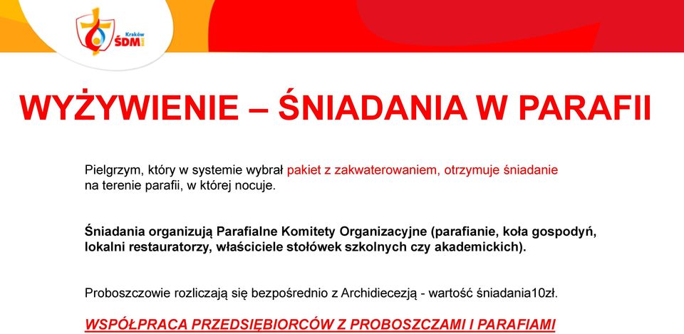 Śniadania organizują Parafialne Komitety Organizacyjne (parafianie, koła gospodyń, lokalni restauratorzy,