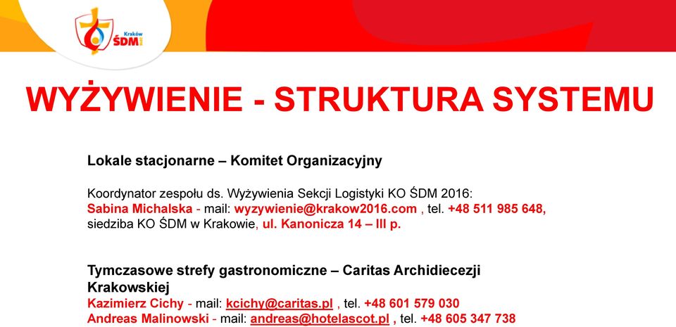 +48 511 985 648, siedziba KO ŚDM w Krakowie, ul. Kanonicza 14 III p.