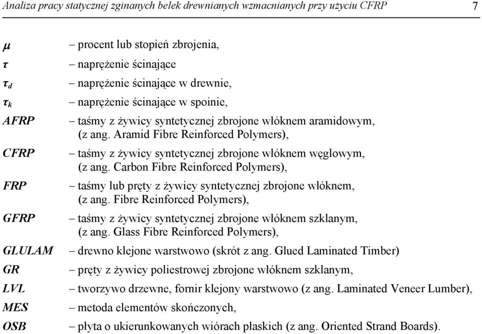 Aramid Fibre Reinorced Polymers), taśmy z żywicy syntetycznej zbrojone włóknem węglowym, (z ang. Carbon Fibre Reinorced Polymers), taśmy lub pręty z żywicy syntetycznej zbrojone włóknem, (z ang.